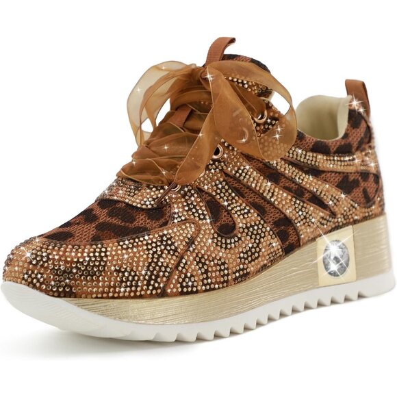 ⚡Women's Leopard With Mesh Glitter Sneaker Platform Wedge Sparkly Rhinestone - Picture 1 of 6